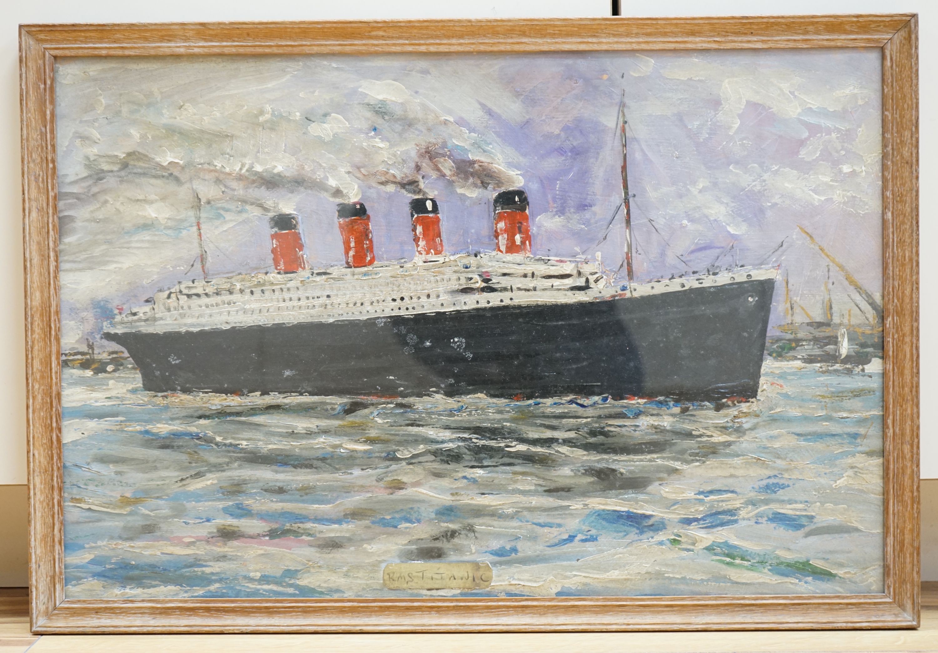 English School, oil on card, Primitive study of the RMS Titanic, 37 x 36cm